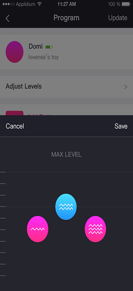 Zrzut ekranu aplikacji Lovense Remote 3 stałe poziomy.