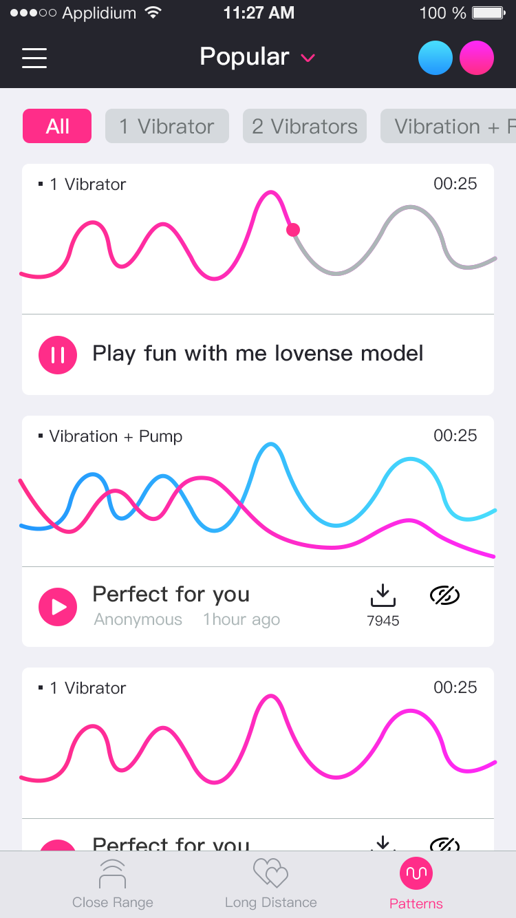 Zrzut ekranu aplikacji Lovense Remote create unlimited patterns.